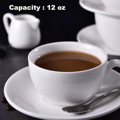 11 Oz White Cappuccino Mug- Large Ceramic Coffee Cup with Saucer - Microwave and Dishwasher Safe, Perfect for Tea, Espresso, Latte - Porcelain Set for Kitchen or Cafe, Baristas, Great Gift
