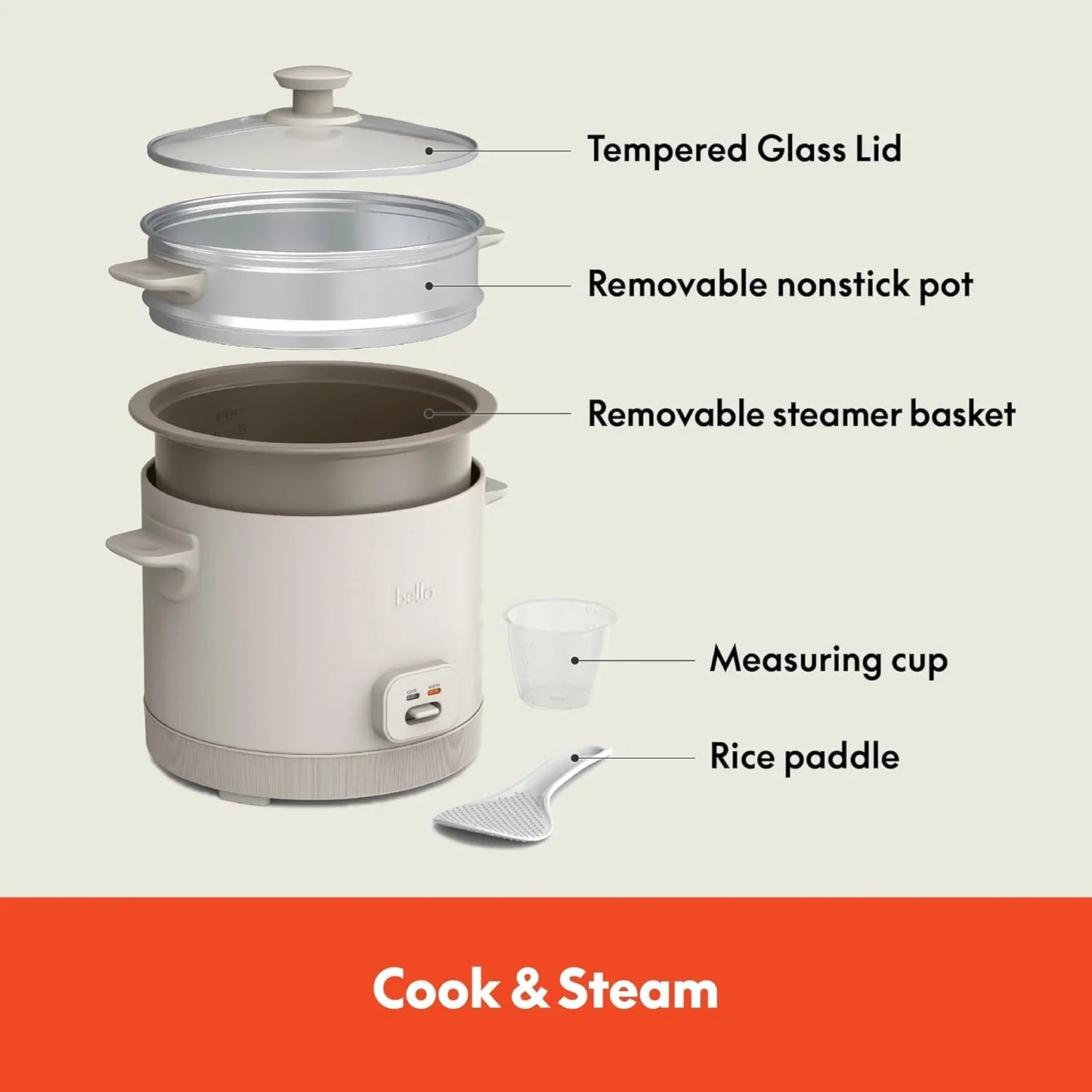 16 Cup Rice Cooker with Steamer, Dishwasher Safe Steaming Basket, Rice Paddle and Measuring Cup, Removable Nonstick Cooking Bowl, Automatic Keep Warm Function​, 400 Watt, Oatmilk