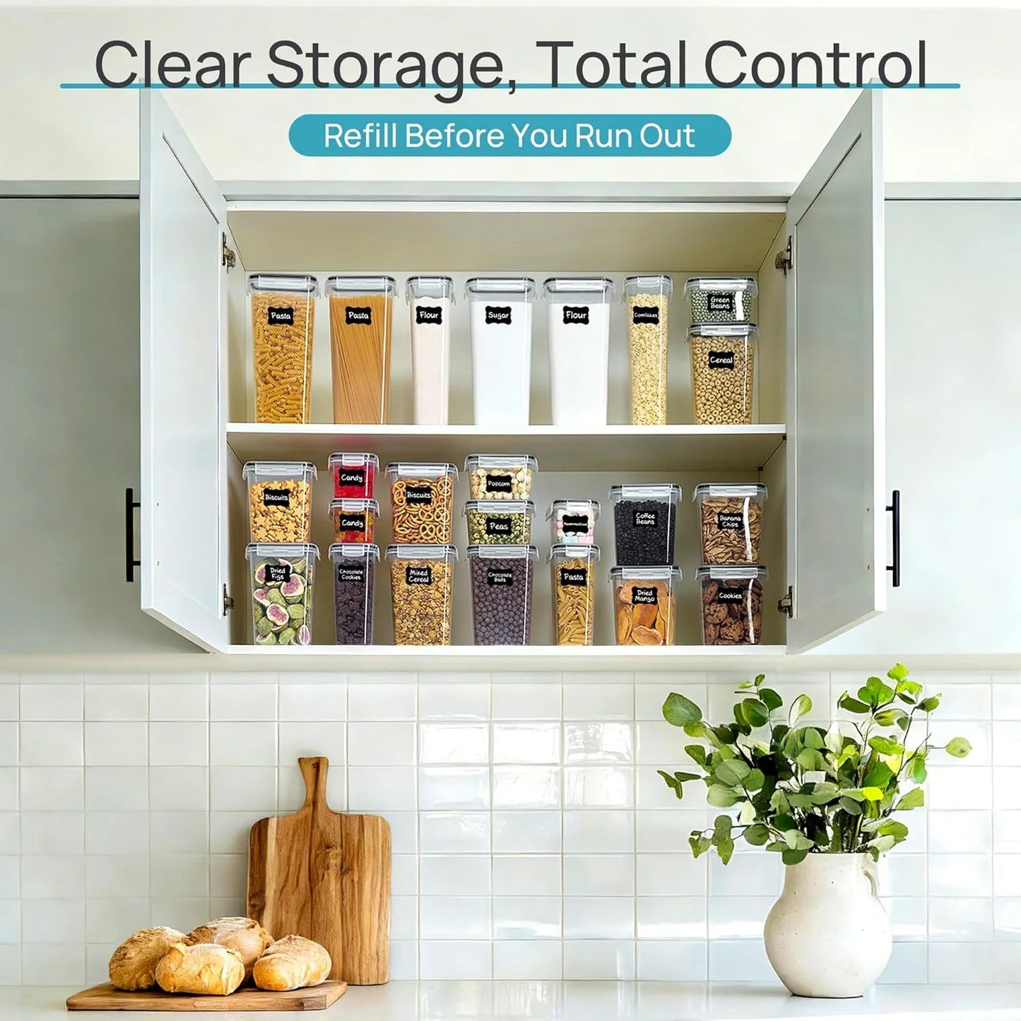 Airtight Food Storage Containers with Lids,  24 Pcs Plastic Kitchen and Pantry Organization Canisters for Cereal, Dry Food, Flour and Sugar, BPA Free, Includes 24 Labels，Black