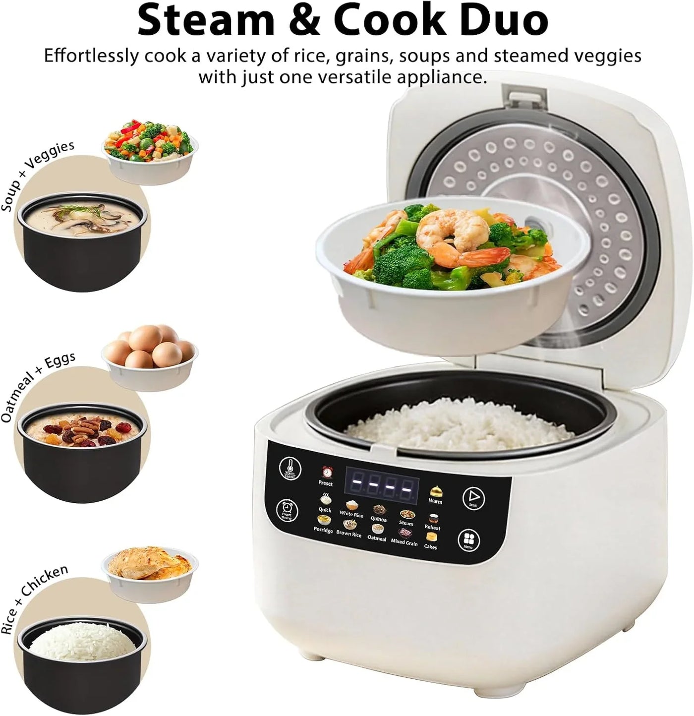 Portable Digital Rice Cooker, 6-Cup (Uncooked)/12-Cup (Cooked) Small Rice Maker with Steaming Basket, Mini Rice Cooker with 2L Removable Nonstick Inner Pot, 10 Menu Options, Auto Keep Warm, 24 Hour Delay Timer, White