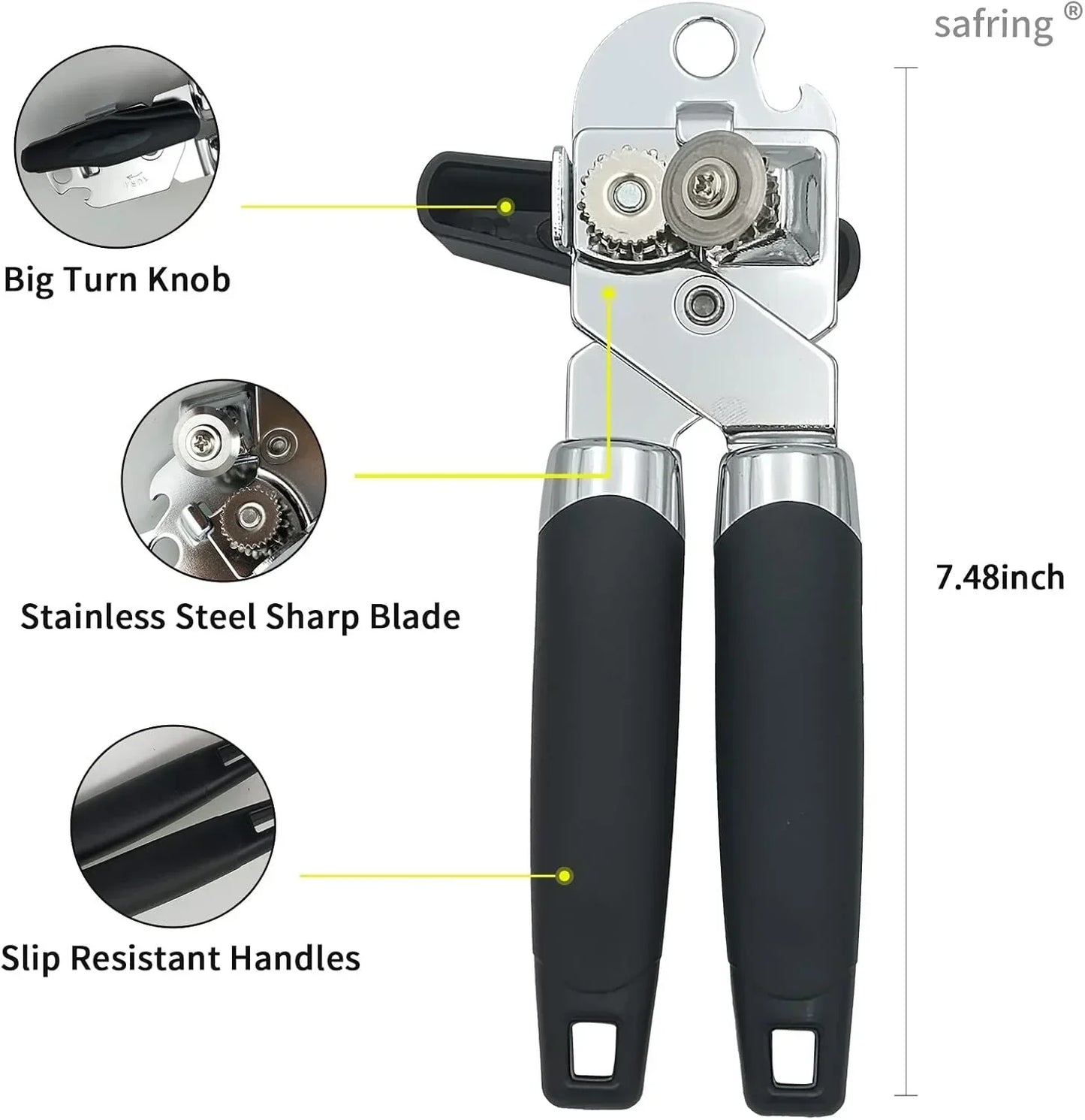 Stainless steel can opener with big turn knob, sharp blade, and slip-resistant handles, 7.48 inches