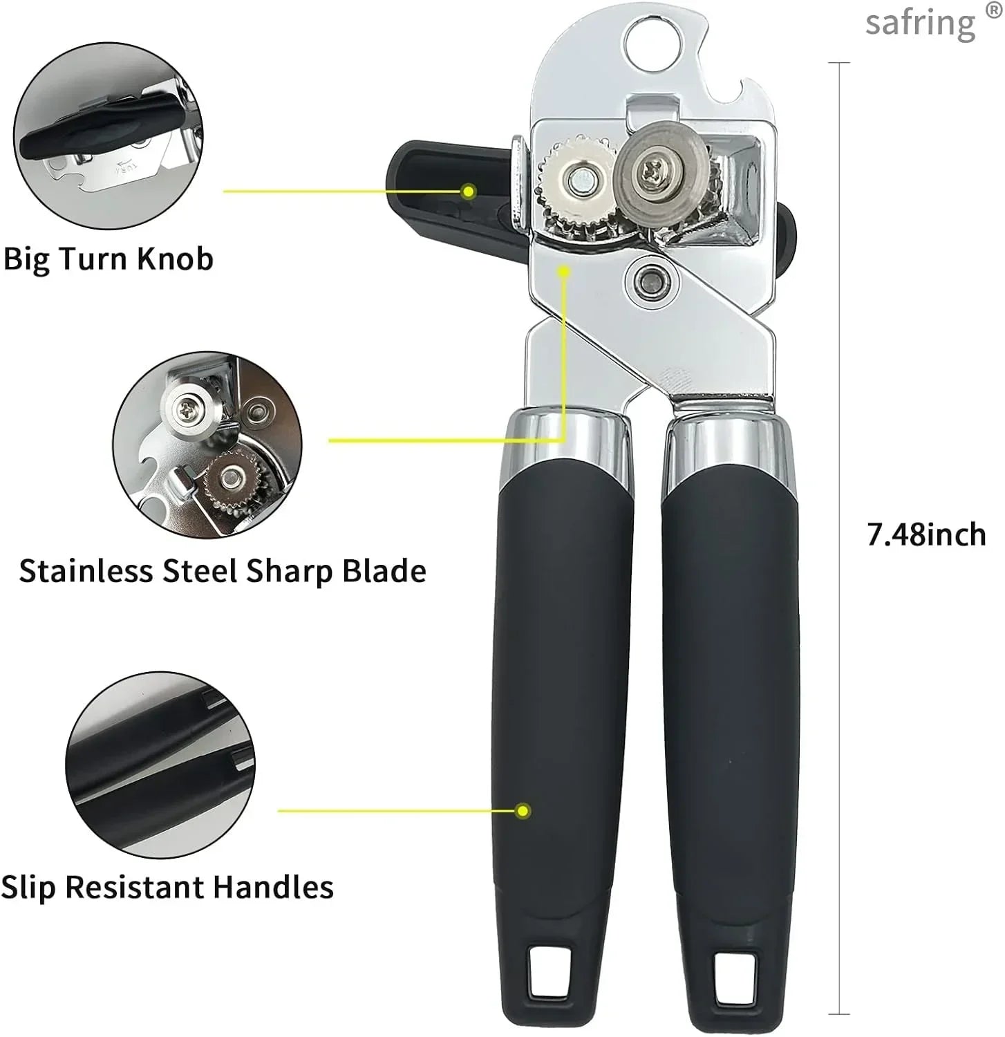 Stainless steel can opener with big turn knob, sharp blade, and slip-resistant handles, 7.48 inches