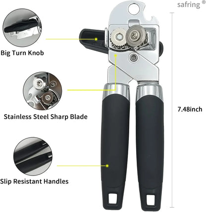Stainless steel can opener with big turn knob, sharp blade, and slip-resistant handles, 7.48 inches