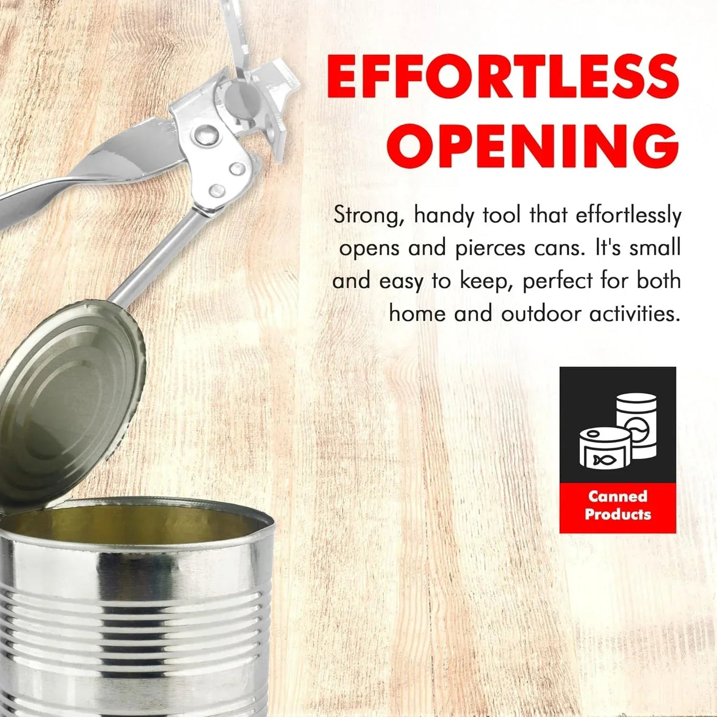 Effortless can opener opening canned food on wooden surface, kitchen tool for home and outdoor use