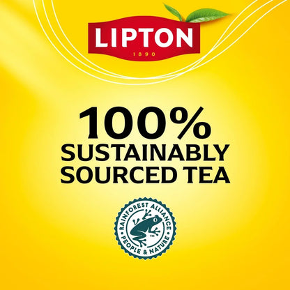 Lipton 100% sustainably sourced tea with Rainforest Alliance certification on bright yellow background