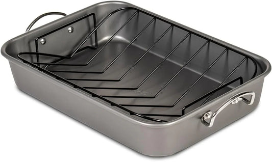 Roasting Pan Nonstick 11X15 - Heavy Duty Metal Bakeware Dish with Rack - Large Oven Roaster Tray for Baking Turkey, Chicken, and Veggies