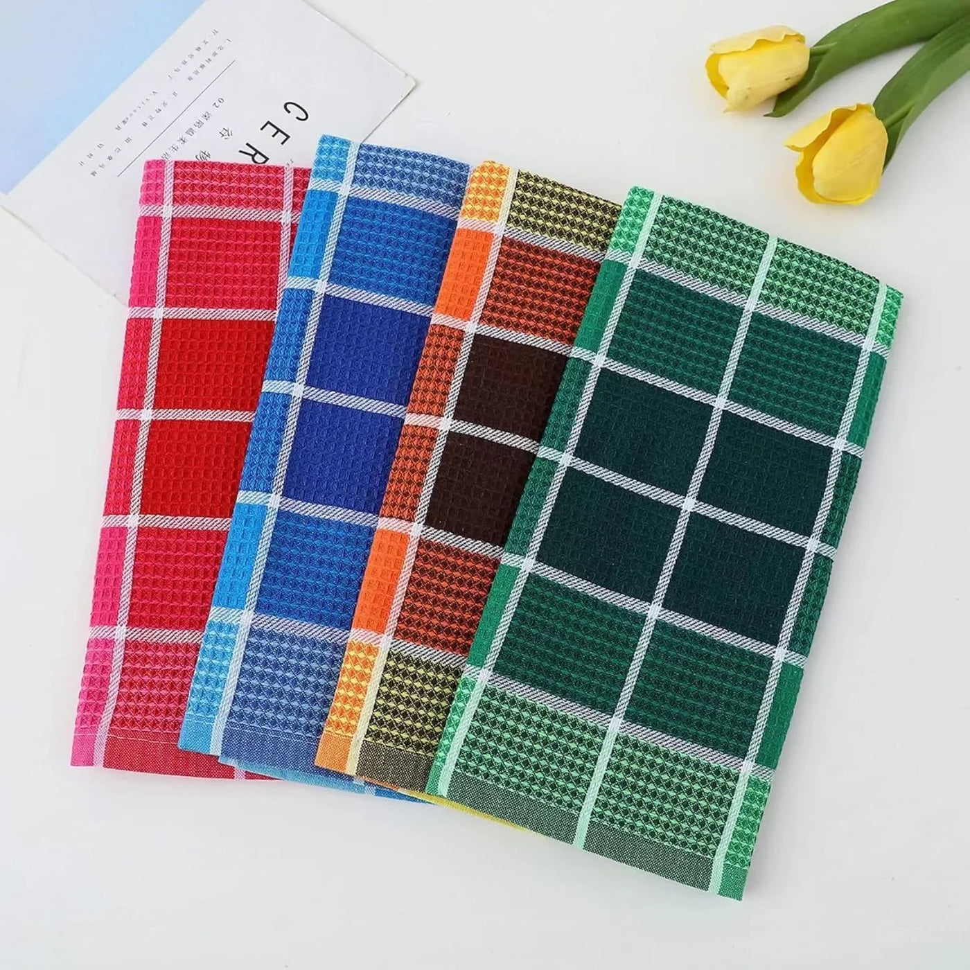 Bright Large Kitchen Towels, 4-Pack, 16 Inch X 26 Inch Buffalo Check Dish Towels for Washing Drying Dishes, Colorful Waffle Design Tea Towel Bar Towel, Buffalo