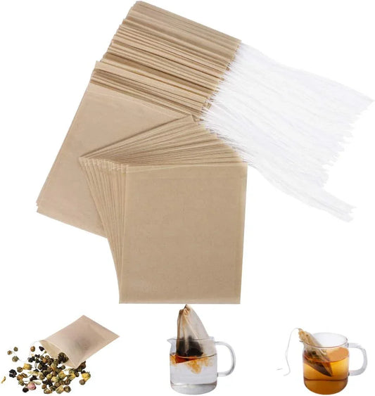 Eco-Fil Disposable Tea Filter Bags for Loose Tea, Wood Pulp Material, Biodegradable and Compostable, Unbleached Empty Tea Infuser Sachets with Drawstring, 100 Pack (3.2Inch X 4.0Inch)