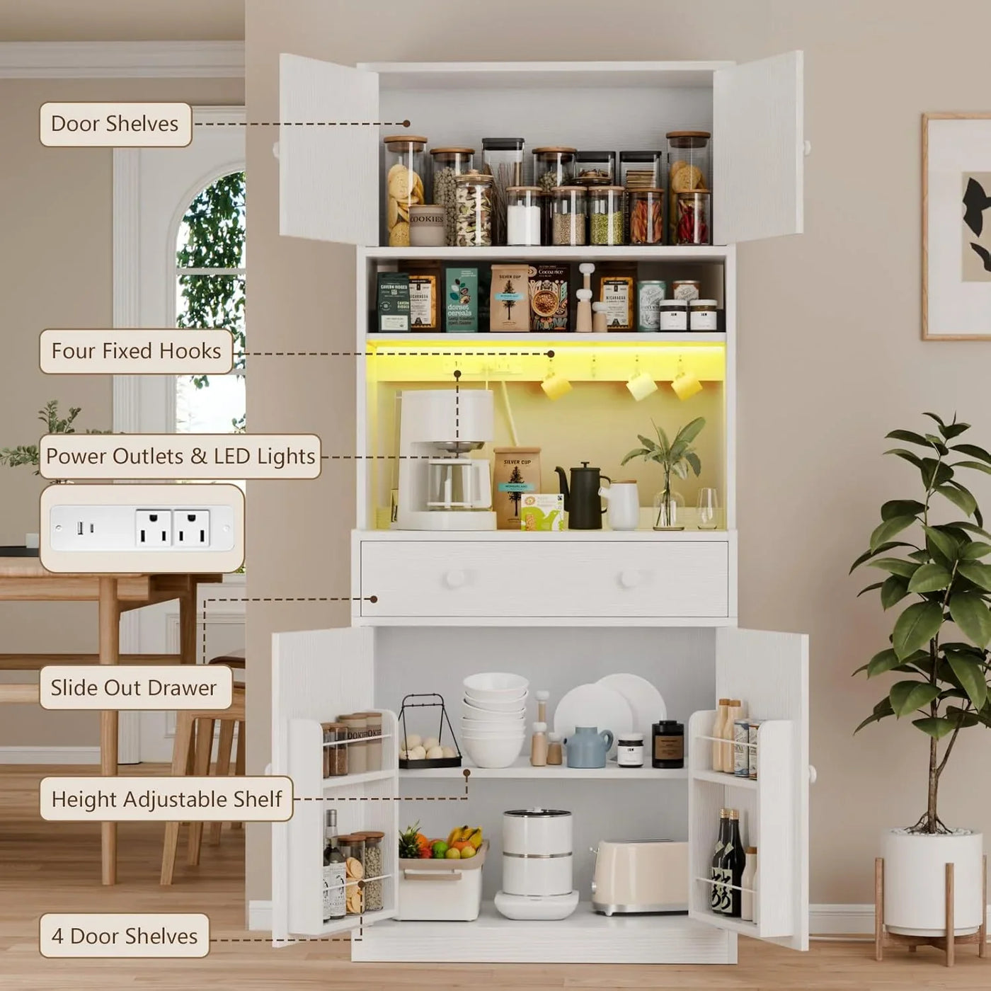 71" Tall Kitchen Pantry Storage Cabinet with Power Outlet & LED Light, Freestanding Food Pantry Cabinet with 4 Doors and Shelves, Cupboard with Drawer, Hutch with Microwave Stand, White