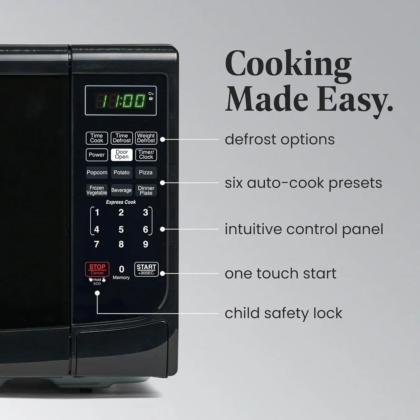 0.7 Cu. Ft. Countertop Microwave Oven – 700 Watts Power, Auto Cook Settings, Defrost, Easy Clean and Child Safety Lock - Black