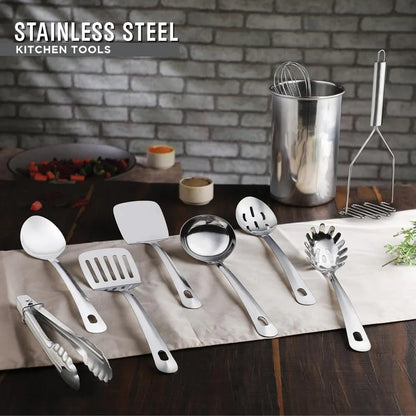 ® Premium Set of 10 Stainless Steel Kitchen Tool Set with Holder Easy to Clean, Space Saving, Great for Cooking, Baking, Prepping