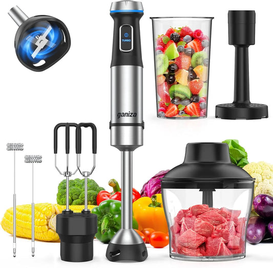 Immersion Blender Handheld, 6 in 1 Hand Blender Stainless Steel Blade, 15 Speed Stick Blenders Electric, 800Ml Mixing Beaker, 600Ml Chopper, Whisk, Frother, Potato Masher