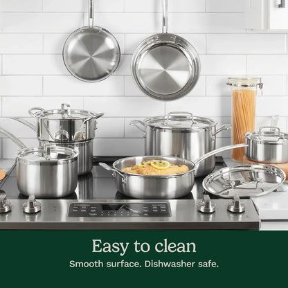 Stainless steel cookware set on stove with pots, pans, and lids, featuring easy-clean dishwasher-safe surfaces.