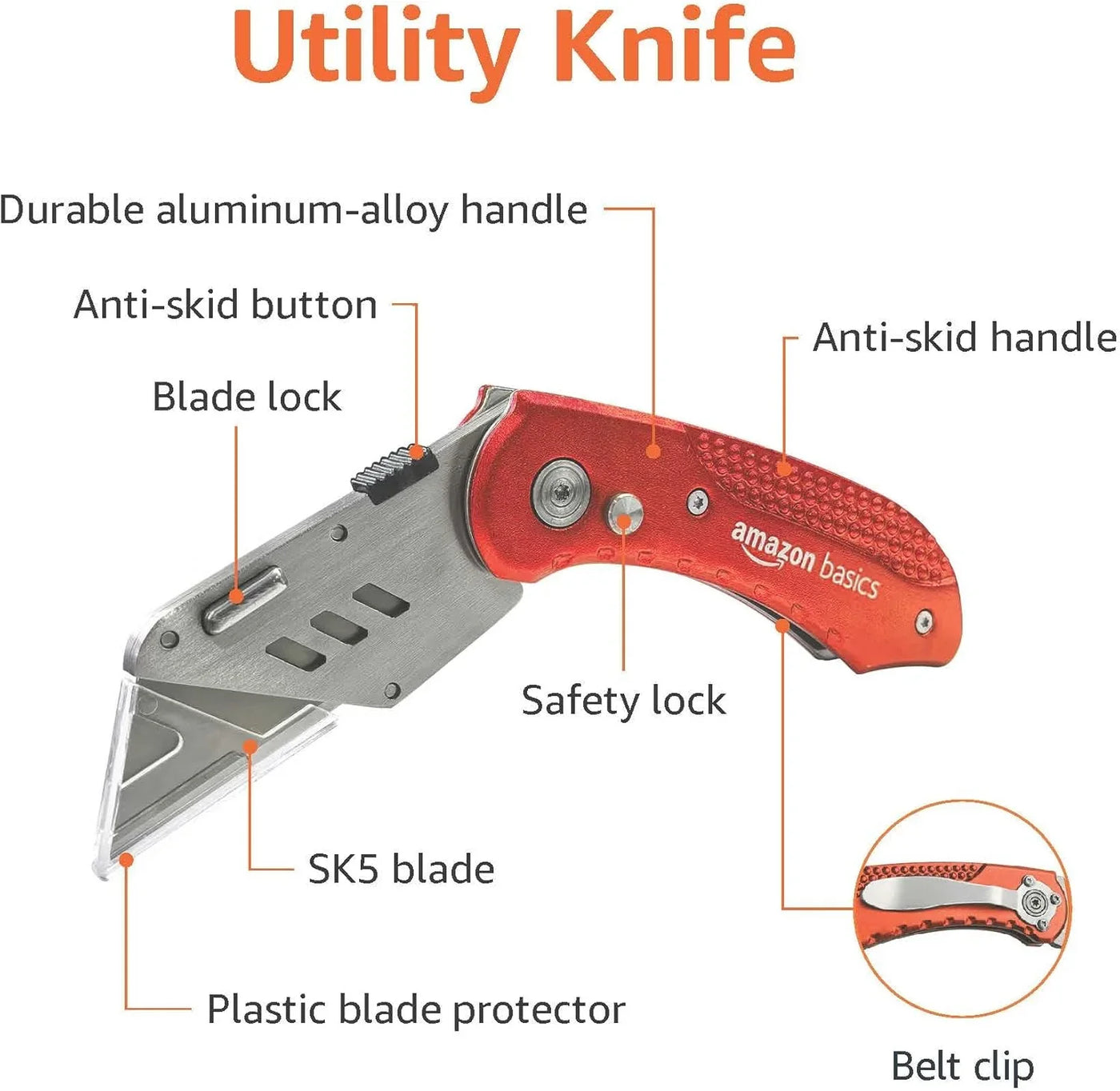 Folding Utility Knife Box Cutter with Back-Lock Mechanism, Portable Lightweight Aluminum Handle, Red