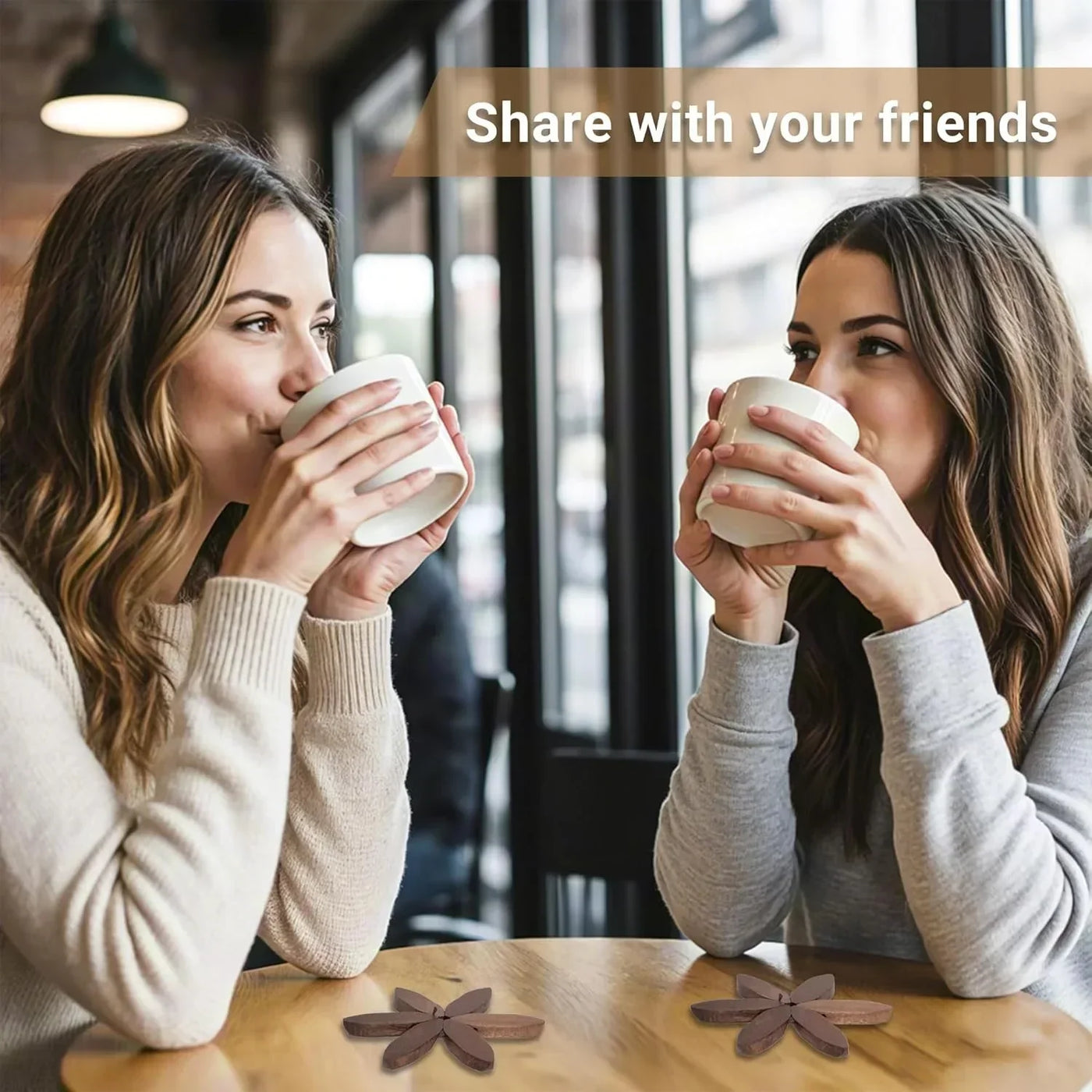 Two women sipping coffee from white mugs at a wooden table with star-shaped coasters, perfect for cozy gatherings.