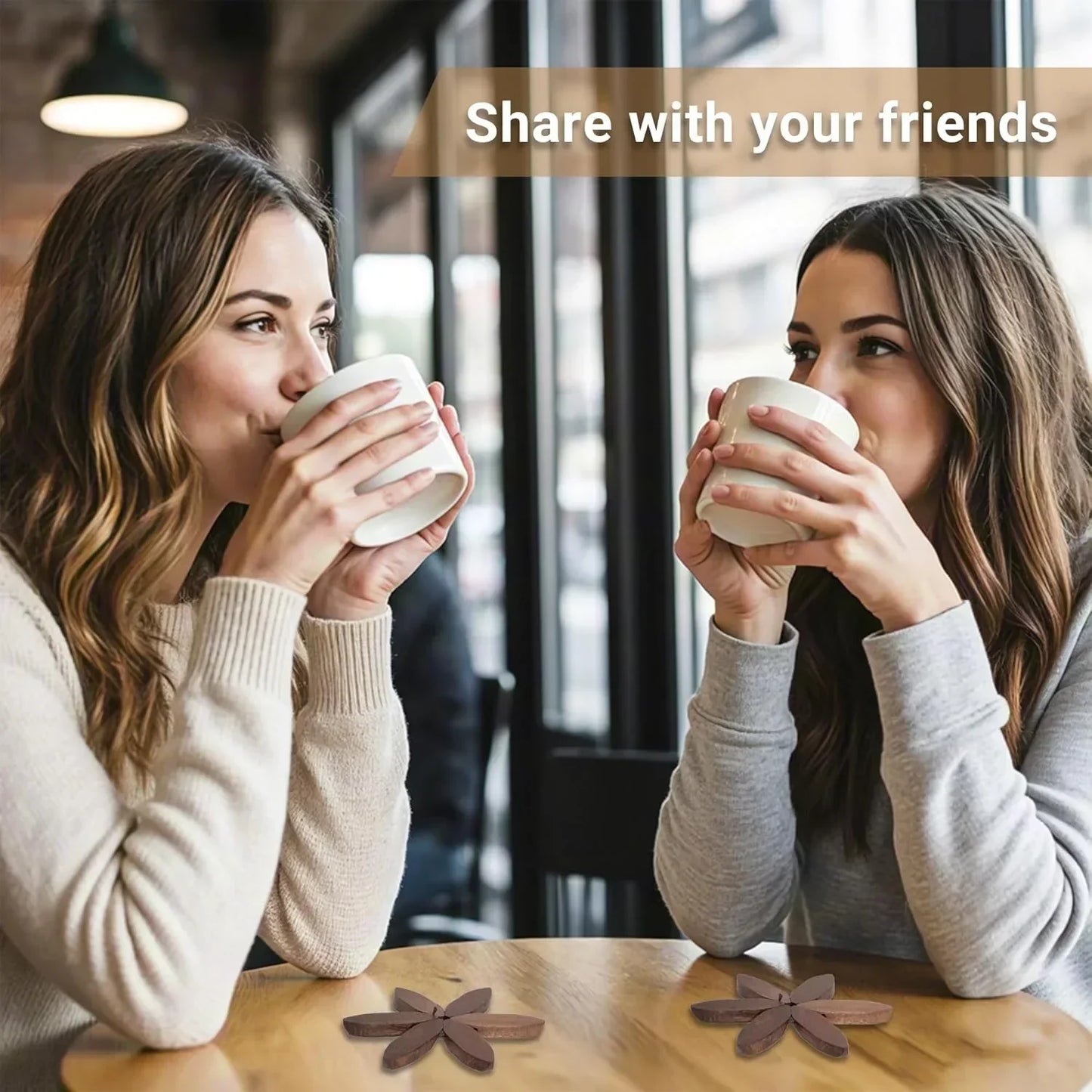 Two women sipping coffee from white mugs at a wooden table with star-shaped coasters, perfect for cozy gatherings.