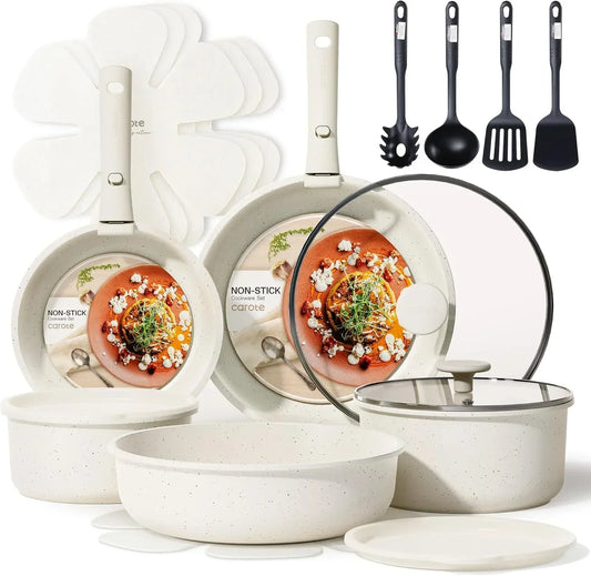 Non-stick cookware set with pots, pans, lids, and utensils for modern kitchen cooking and serving
