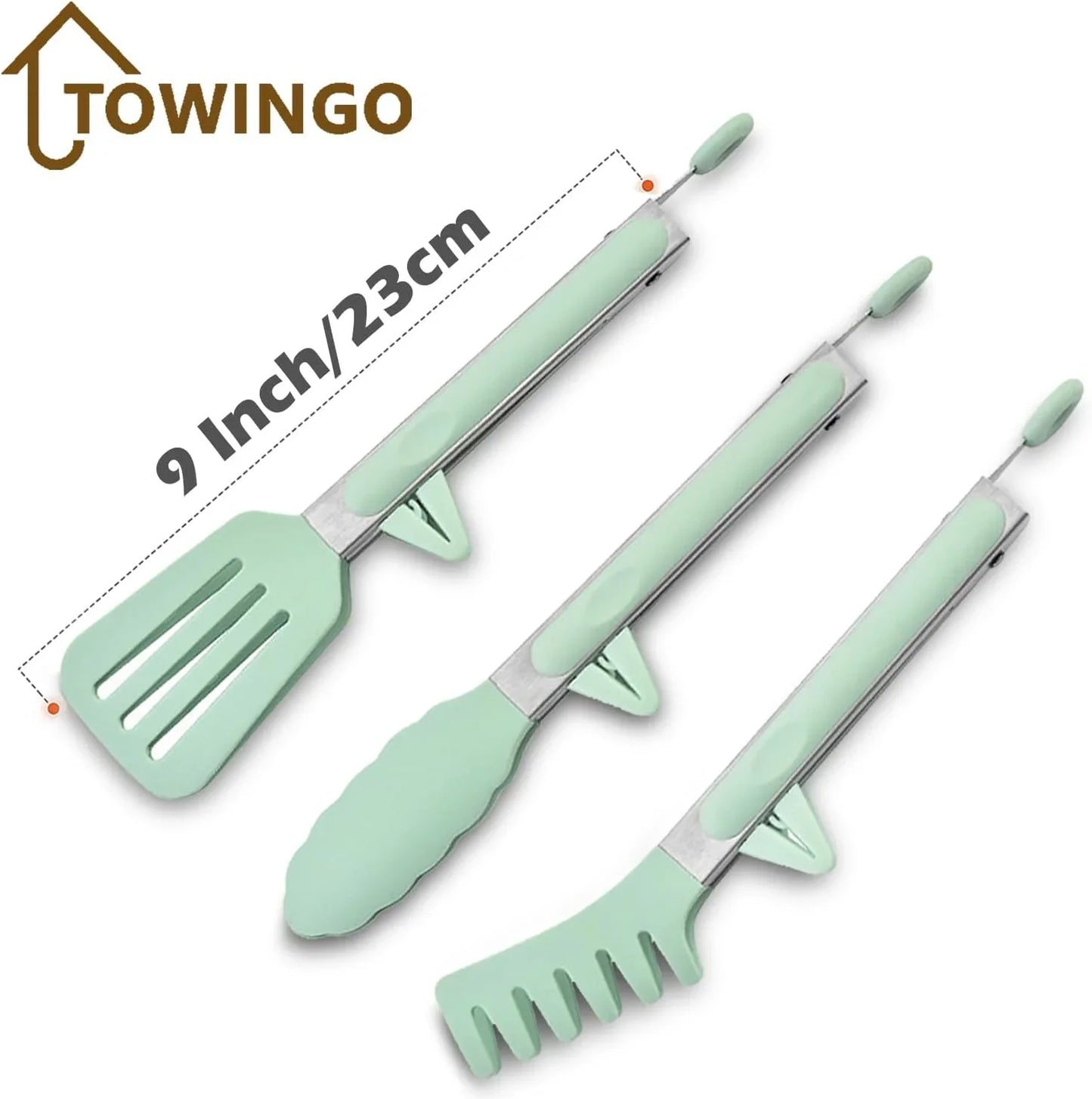 Kitchen Tongs for Cooking, 9 Inch Small Silicone Tongs, Food Grade Mini Serving Tongs with Silicone Tips, Set of 3, Green
