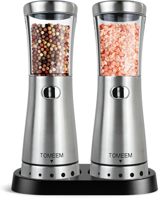 Electric Salt and Pepper Grinder Set with Storage Base, Stainless Steel Rechargeable Salt and Pepper Grinder Set with 4.5 Oz Large Capacity, 1.8" Wide Mouth, Adjustable Coarseness, Ideal for Kitchen
