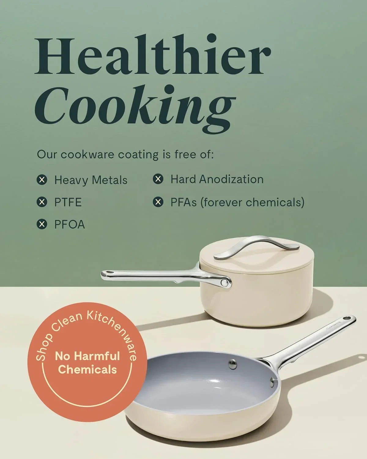 Non-toxic ceramic cookware set, cream saucepan and fry pan, healthy kitchen tools on neutral background