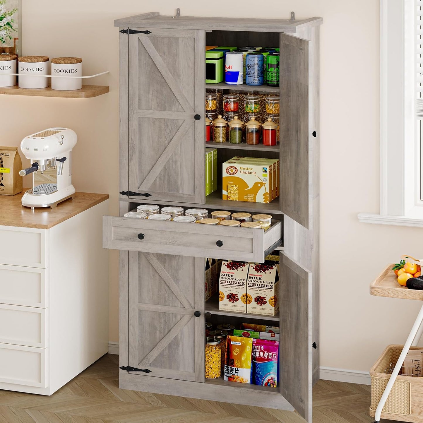 Pantry Organizers and Storage Cabinet, 70” Barn Door White Kitchen Cabinet with Drawers and Adjustable Shelf, Tall Pantry for Kitchen, Dining Room, Living Room Bedroom
