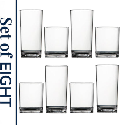 Classic Clear Plastic Reusable Drinking Glasses (Set of 8) 12Oz Rocks & 16Oz Water Cups | Bpa-Free Tumblers, Made in USA | Top-Rack Dishwasher Safe