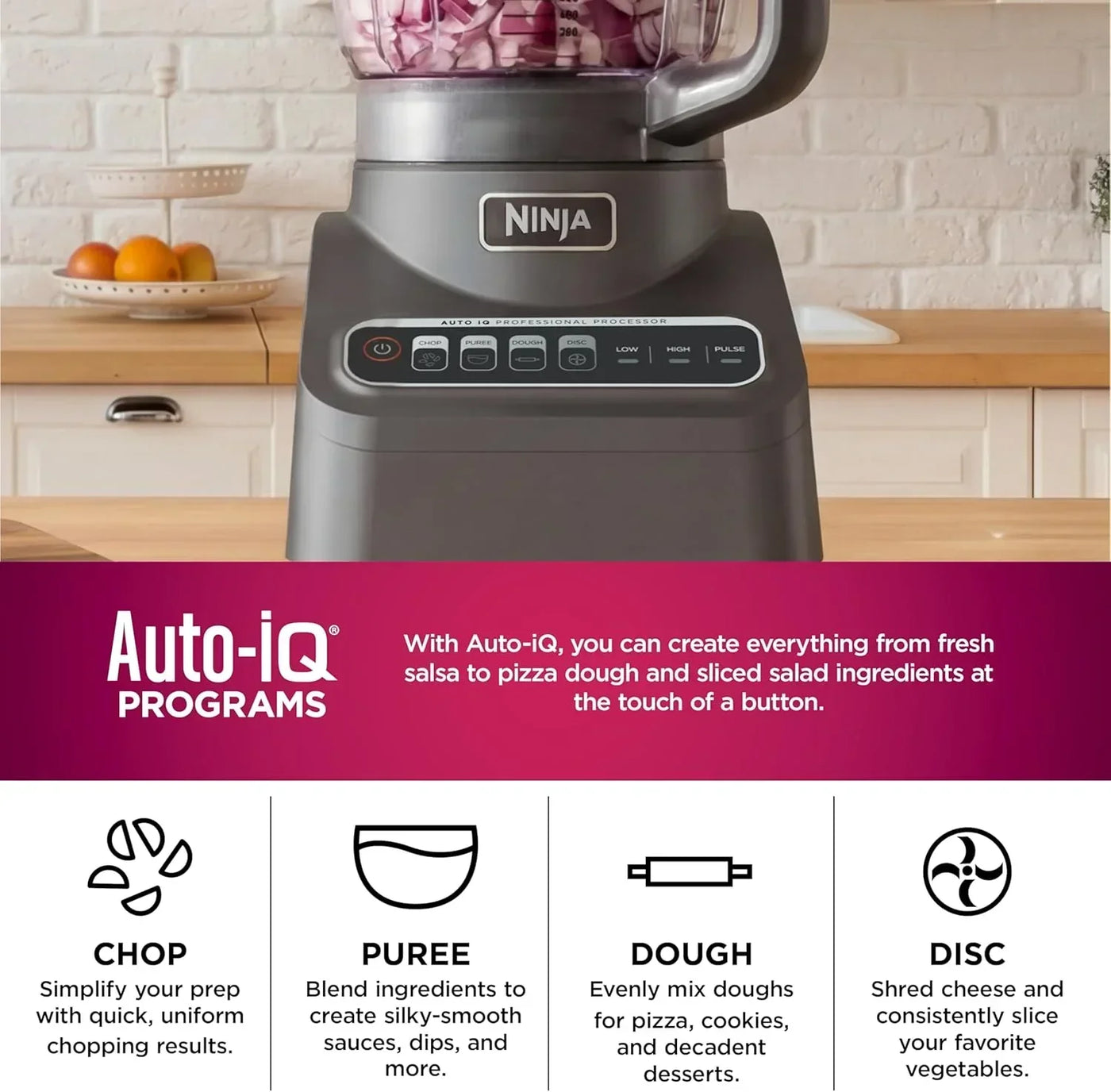 Ninja Auto-iQ Professional Food Processor chopping onions on kitchen counter with chop, puree, dough, disc functions