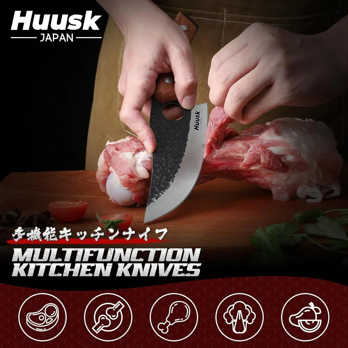 Butcher Knife Set of 3 - Full Tang Meat Cleaver Knife Set for Meat Processing, Hand Forged Viking Knives Sets with Bone Axe, Heavy-Duty Kitchen Knives Sets for Outdoor BBQ Cooking, Gifts for Men