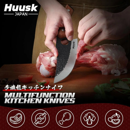 Butcher Knife Set of 3 - Full Tang Meat Cleaver Knife Set for Meat Processing, Hand Forged Viking Knives Sets with Bone Axe, Heavy-Duty Kitchen Knives Sets for Outdoor BBQ Cooking, Gifts for Men