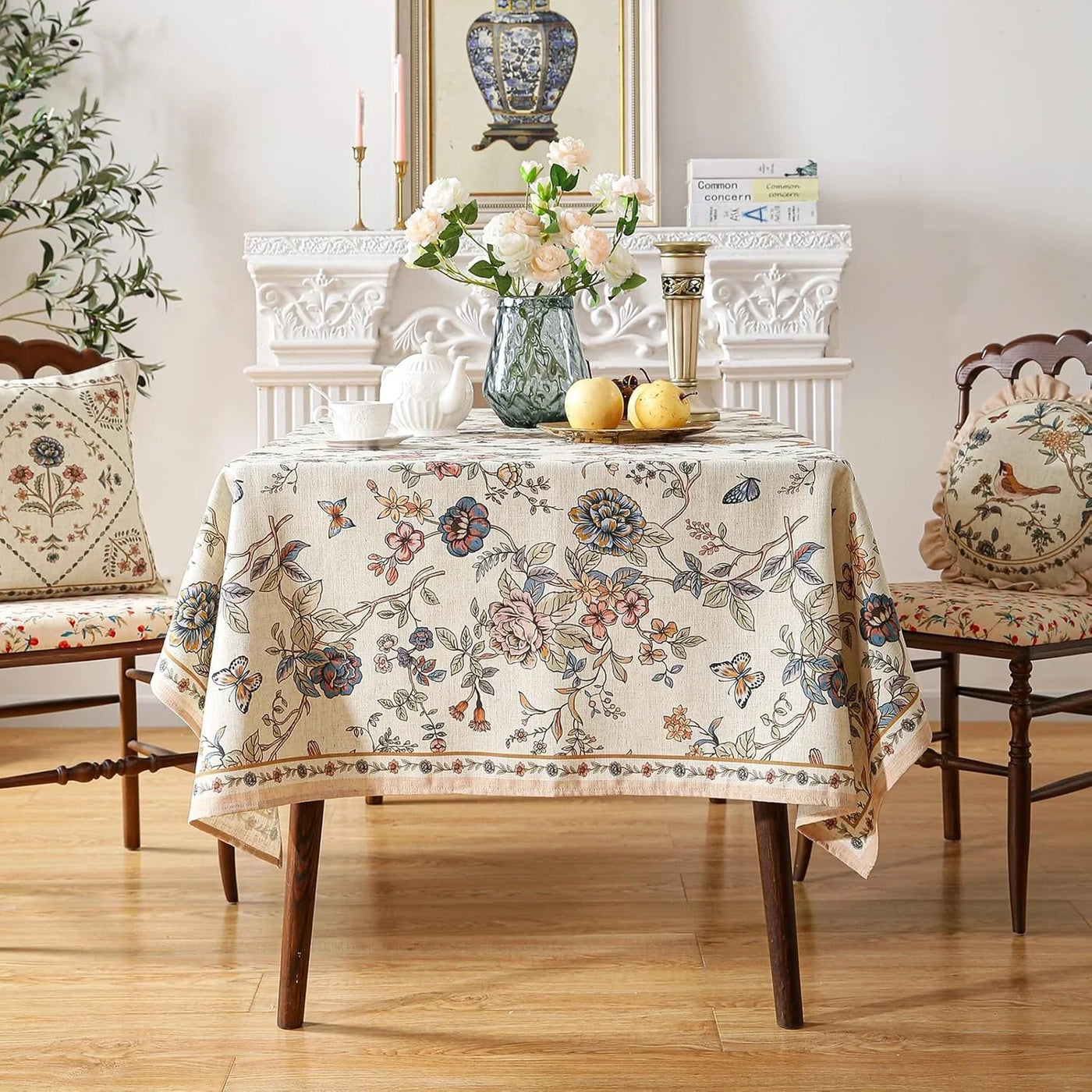 Designer French Light Beige Small Rectangular Tablecloth,Linen Florals and Birds Pattern Table Cloth,Anti-Wrinkle Decorative Tablecloths for Dining Thanksgiving Kitchen,55"*71"-Cornucopia