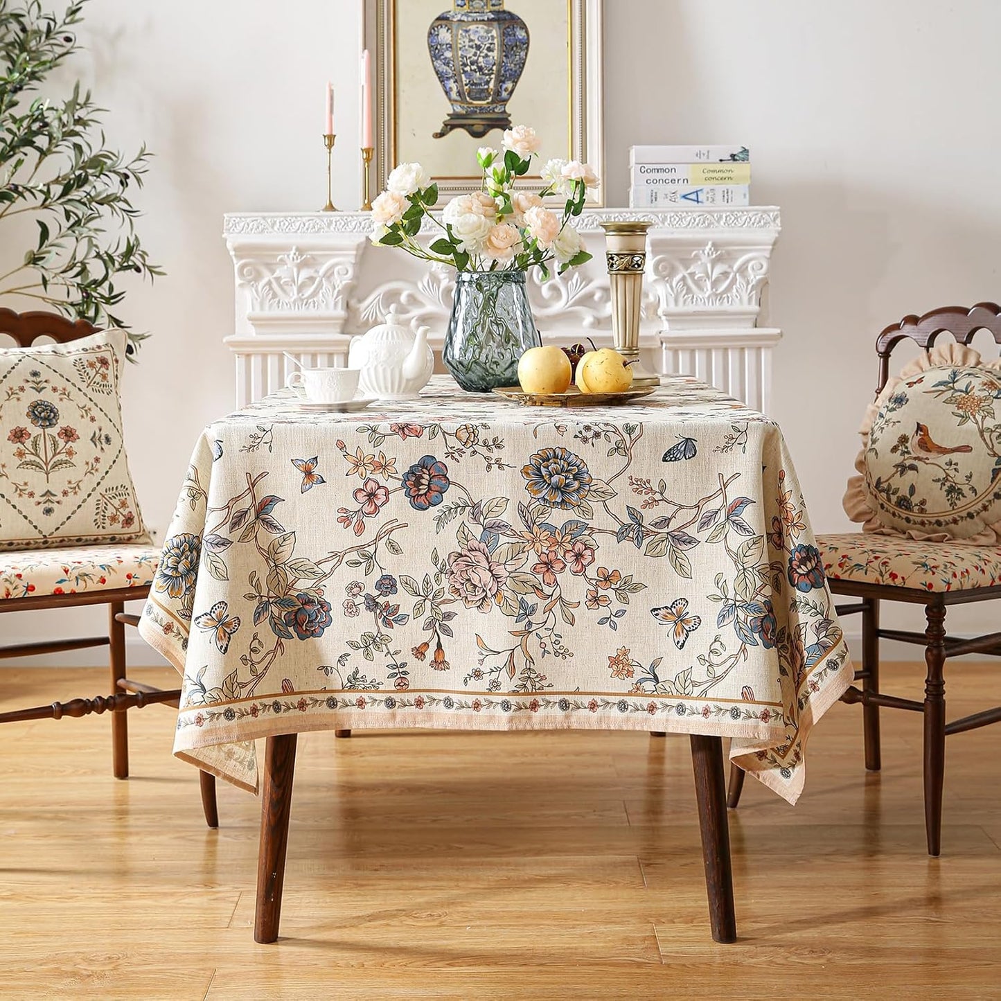 Designer French Light Beige Small Rectangular Tablecloth,Linen Florals and Birds Pattern Table Cloth,Anti-Wrinkle Decorative Tablecloths for Dining Thanksgiving Kitchen,55"*71"-Cornucopia