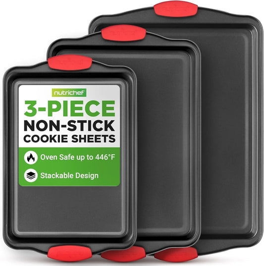 3-Piece Cookie Sheets for Baking, Non-Stick Baking Pans Set with Silicone Handles, Stackable Oven Trays in Small, Medium & Large Sizes for Professional and Everyday Use, 2026 Edition