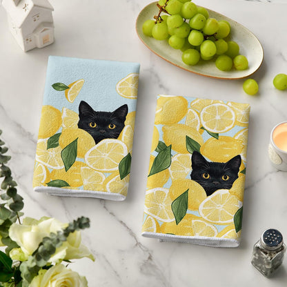 Yellow Lemon Black Cat Summer Kitchen Towels Dish Towels, 18X26 Inch Leaves Farmhouse Summer Seasonal Decoration Hand Towels Set of 2