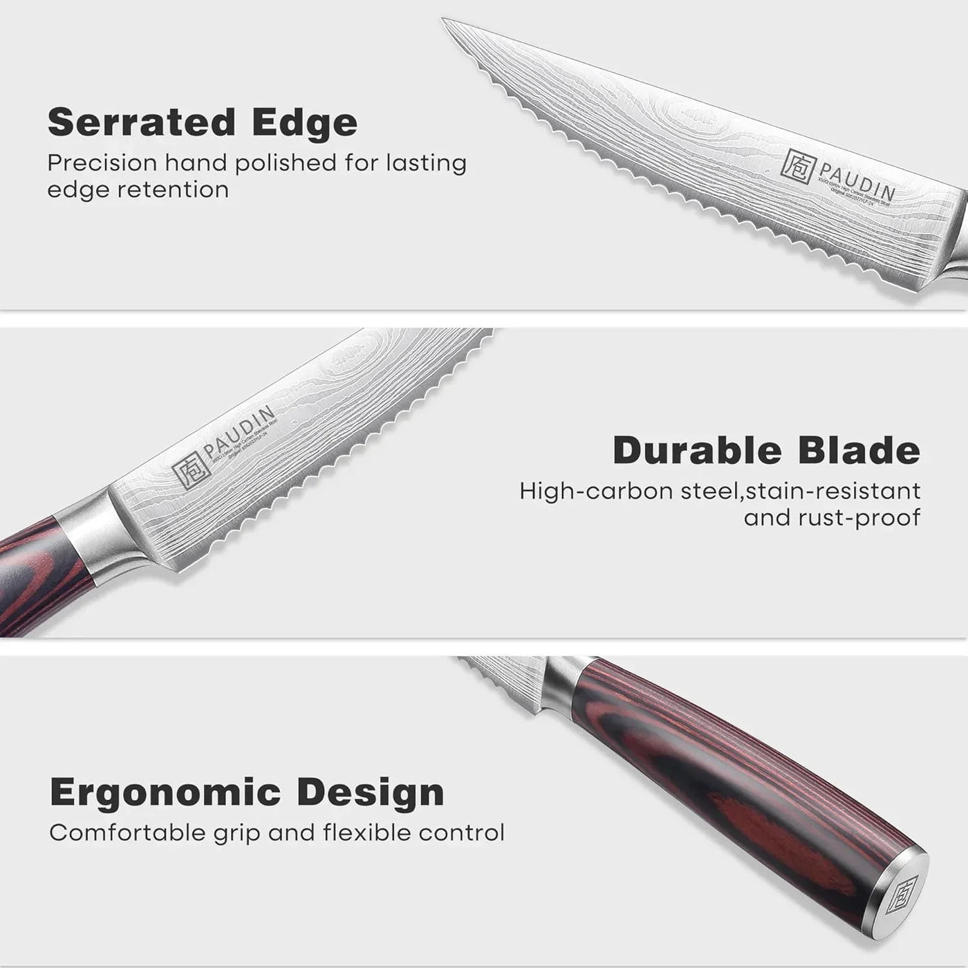Serrated edge kitchen knife with durable high-carbon steel blade and ergonomic handle design