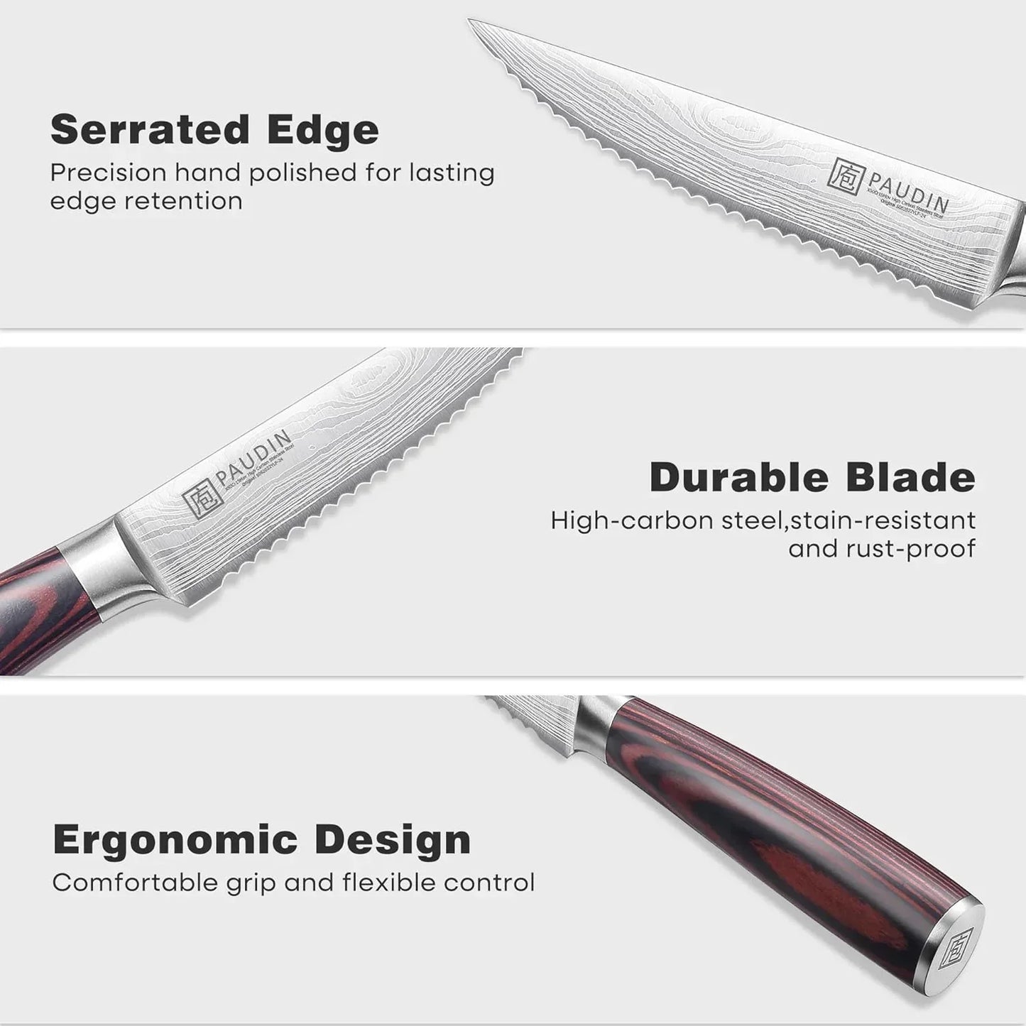 Serrated edge kitchen knife with durable high-carbon steel blade and ergonomic handle design