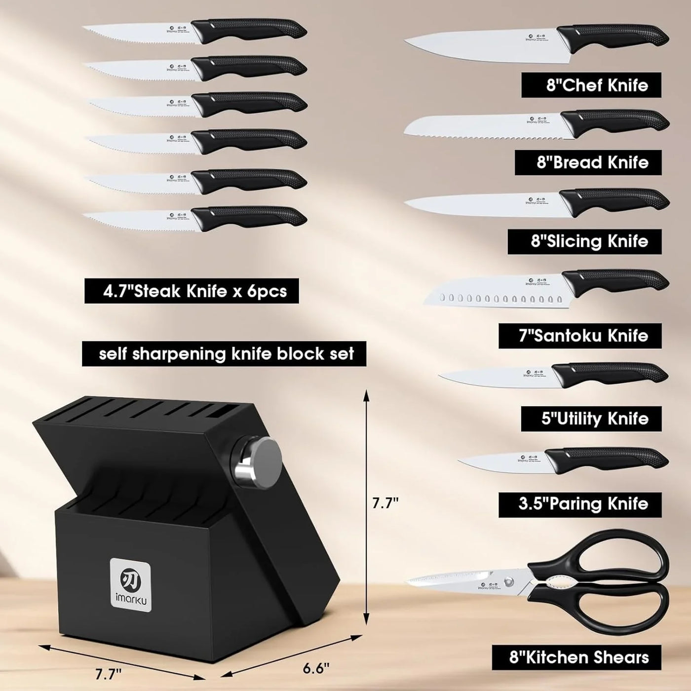 Knife Set with Block, Sharp Knives Set with Built-In Sharpener, Stainless Steel Kitchen Knife Sets with Non-Slip Ergonomic Handle, Dishwasher Safe, 14 PCS Professional Knife Set for Gift, Black