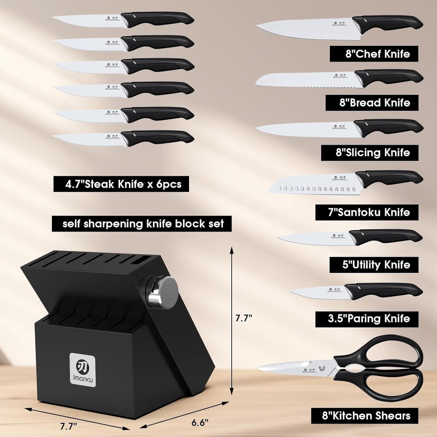 Knife Set with Block, Sharp Knives Set with Built-In Sharpener, Stainless Steel Kitchen Knife Sets with Non-Slip Ergonomic Handle, Dishwasher Safe, 14 PCS Professional Knife Set for Gift, Black