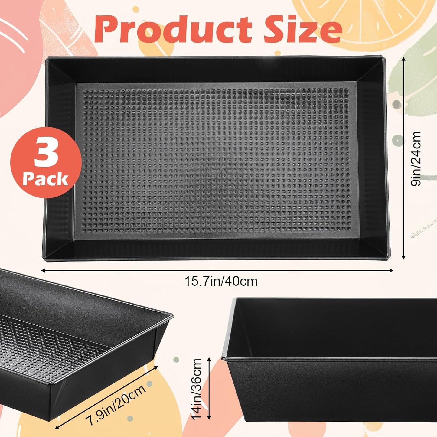 3 Pack Detroit Style Pizza Pan 15.7 X 9 Inch Non-Stick Rectangle Deep Dish Pizza Pans Heat-Resistant BPA Free, Pre Seasoned Carbon Steel Detroit Pizza Pan Dish Bake Ware Kitchenware