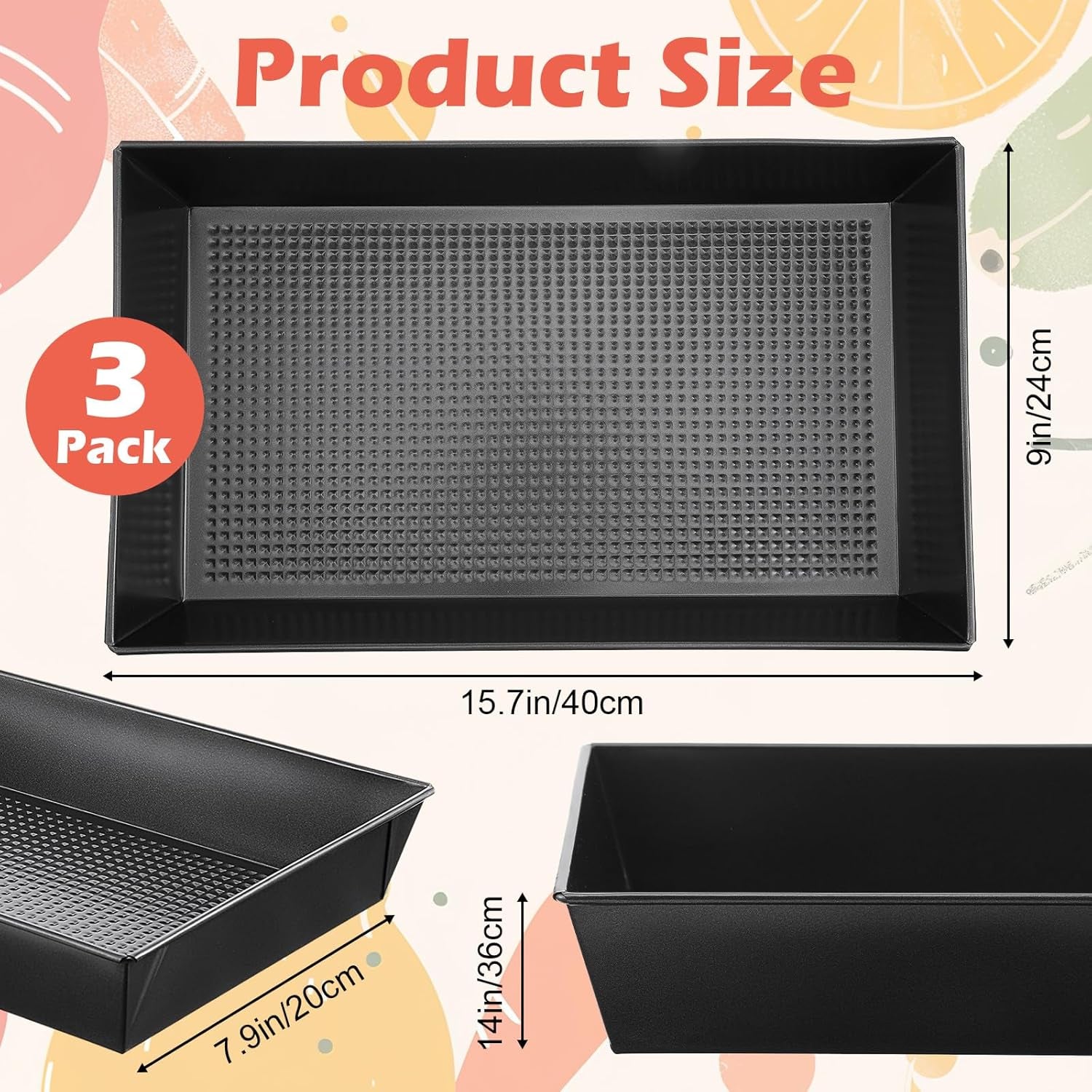 3 Pack Detroit Style Pizza Pan 15.7 X 9 Inch Non-Stick Rectangle Deep Dish Pizza Pans Heat-Resistant BPA Free, Pre Seasoned Carbon Steel Detroit Pizza Pan Dish Bake Ware Kitchenware