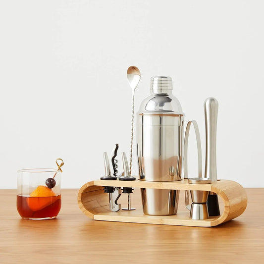 10-Piece Stainless Steel Cocktail Shaker Bar Tool Set with Bamboo Stand Holder, Home Bar Drink Mixing Accessories, Housewarming Gift