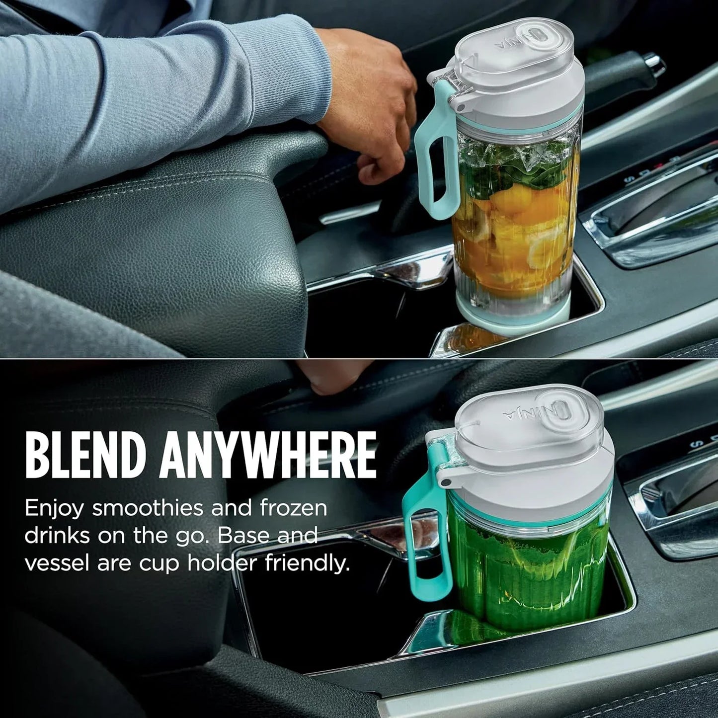 Portable blender cup with smoothie in car cup holder, perfect for on-the-go drinks and frozen blends