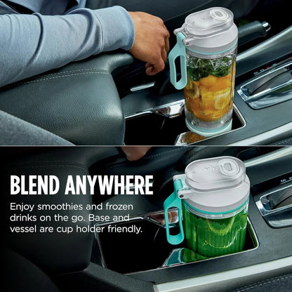 Portable blender cup with smoothie in car cup holder, perfect for on-the-go drinks and frozen blends