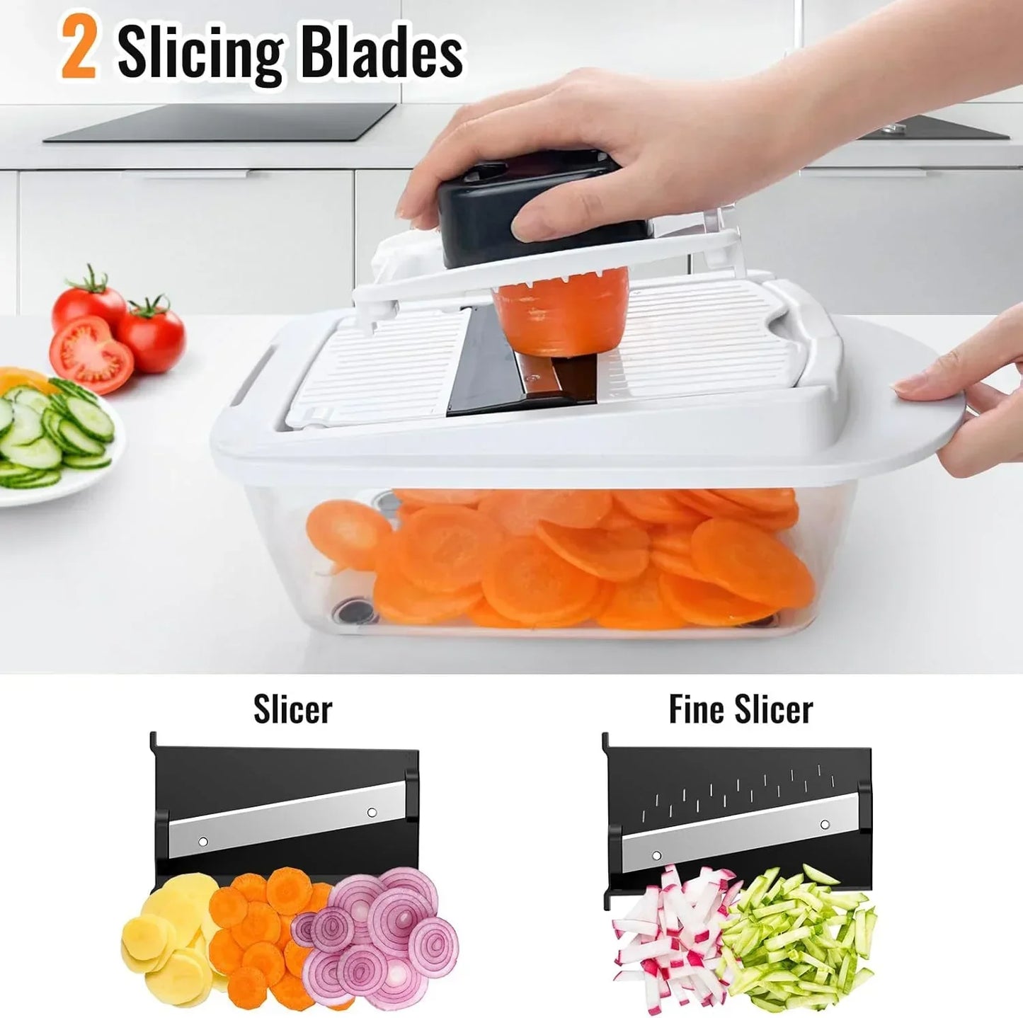 Vegetable slicer with 2 blades slicing carrots, cucumbers, onions; ideal kitchen tool for meal prep