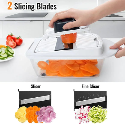 Vegetable slicer with 2 blades slicing carrots, cucumbers, onions; ideal kitchen tool for meal prep