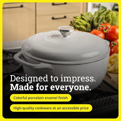 Essential Enamel Cast Iron Dutch Oven - Perfect for Bread Baking, Braising, Marinating & Slow Cooking - Features Moisture-Sealing Lid & Dual Handles - Kitchen Essentials - 6 Quarts - Oyster White