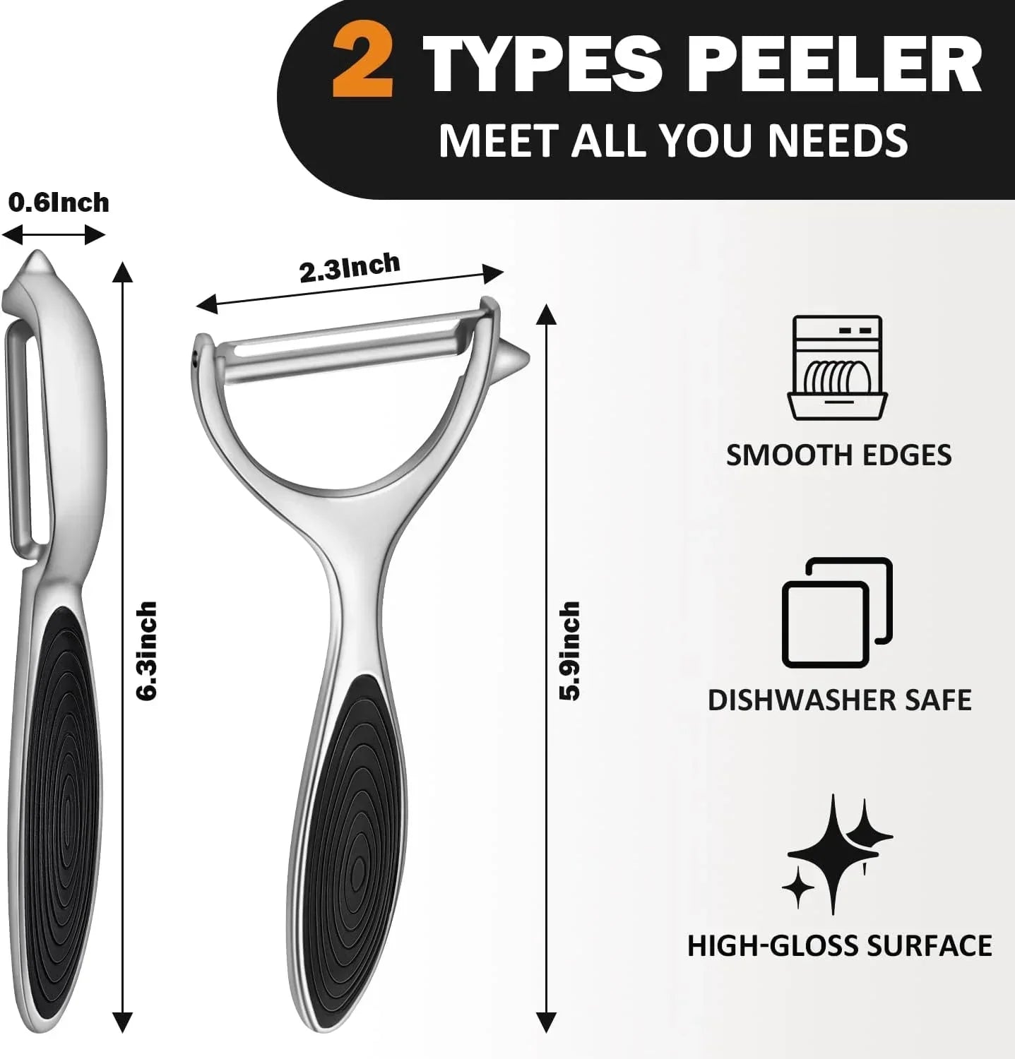 Stainless steel peeler with ergonomic grip, smooth edges, dishwasher safe, high-gloss finish for kitchen use