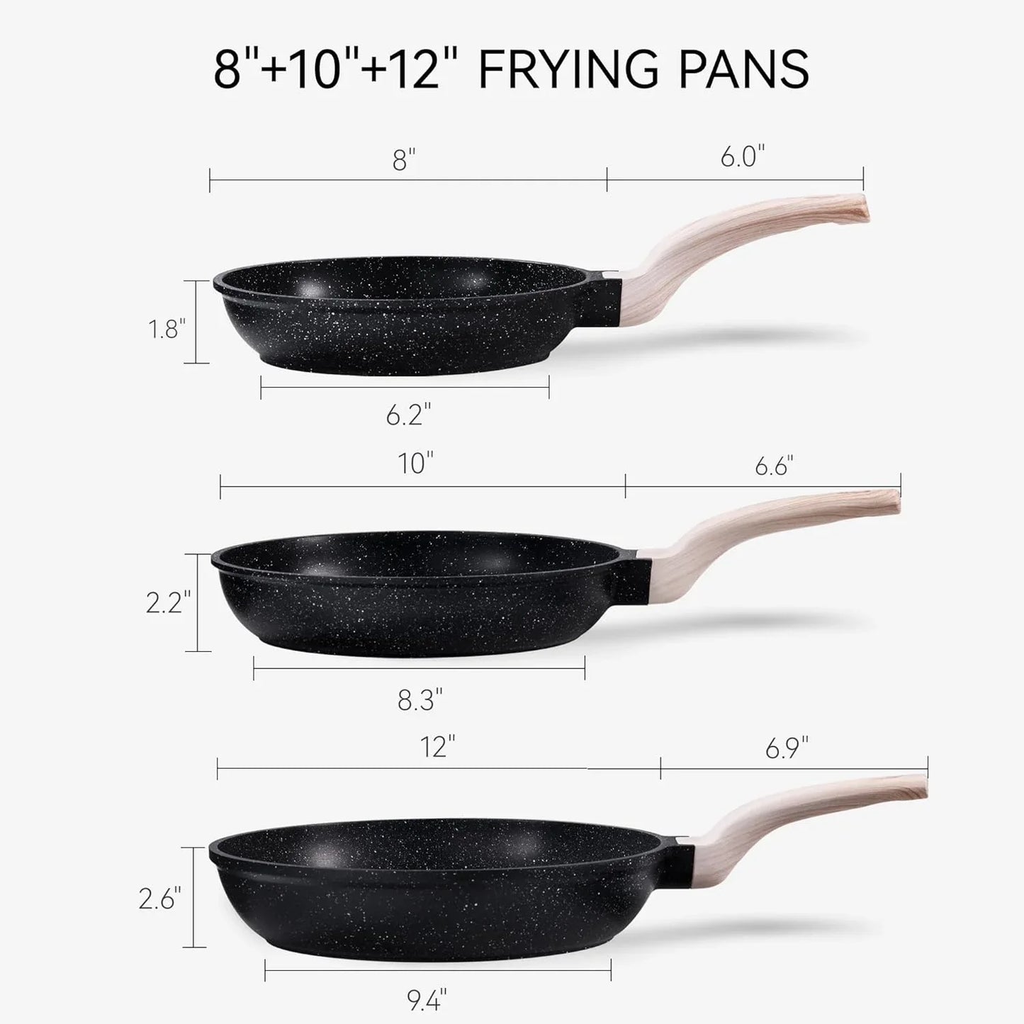 Non Stick Frying Pan Skillet Set, Omelet Pan, Healthy Non Toxic Granite Chef Pan, Induction Compatible Egg Frying Pan with Heat-Resistant Handle, Pfoa-Free,Black, 8"+10"+12"
