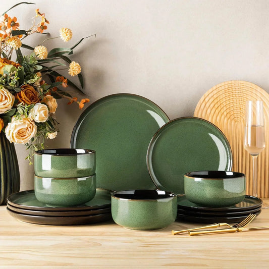 Ceramic Dinnerware Sets for 4,Porcelain Plates and Bowls Sets,Handmade Reactive Glaze Dishes Set,Oven&Dishwasher & Microwave Safe,Service for 4