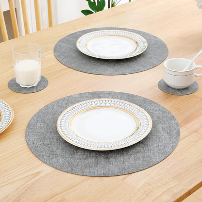 round Faux Leather Placemats and Coasters, Washable Dual-Side Table Mats, Wipeable Heat-Resistant Dining Place Mats for Outdoor and Indoor, Set of 6, Diameter 13 and 3.93 Inch, Light Grey