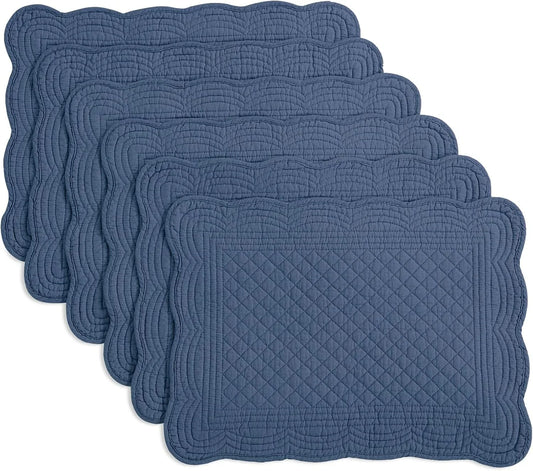 Quilted Placemats Set of 6 Washable-13X18 Inches Rectangular Placemats for Kitchen Table-100% Cotton Fabric Rectangular Table Mats, (Sapphire Blue)